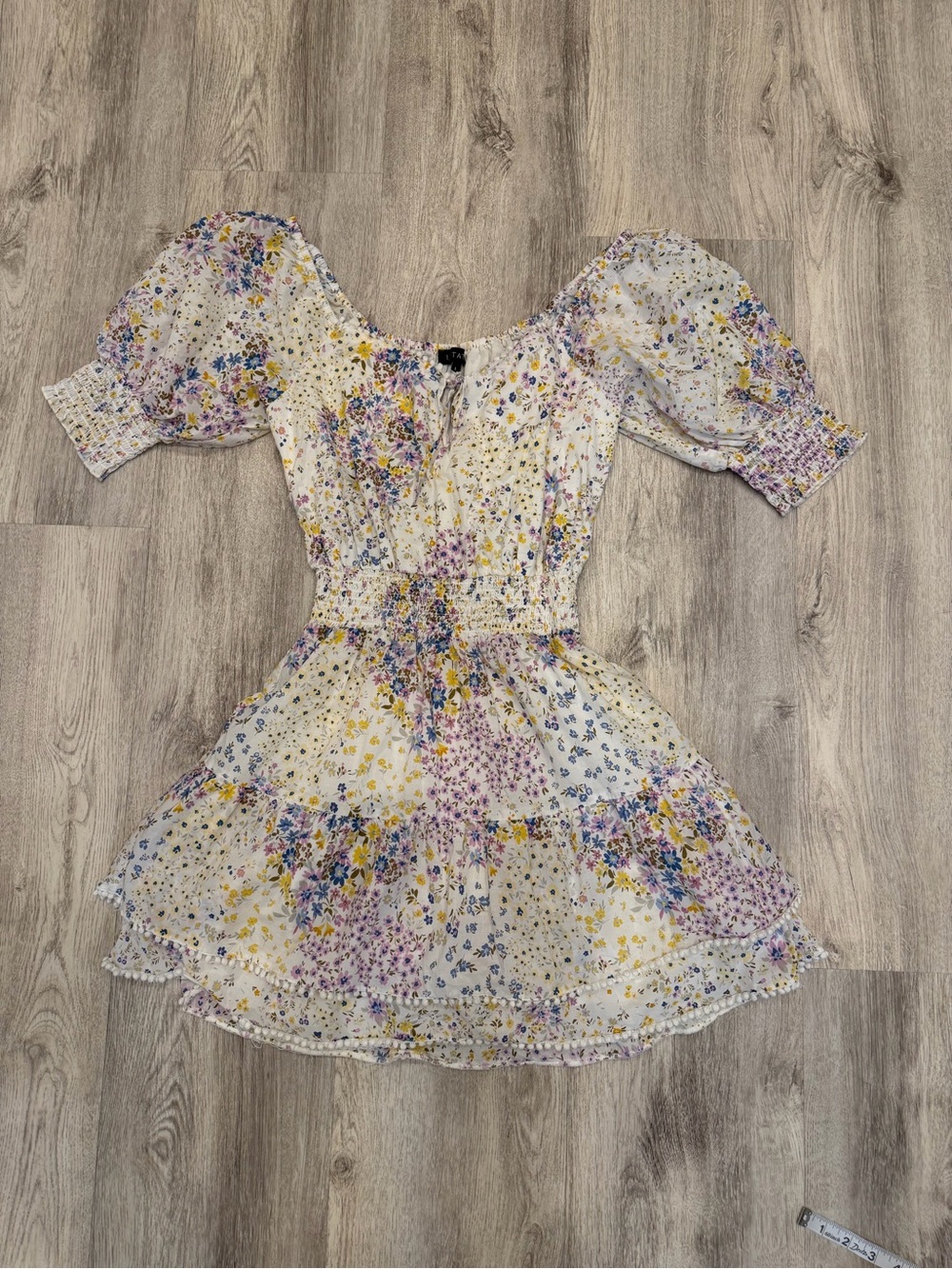 1.State Floral Puff Sleeve Smocked Waist Mini Dress Large Cottagecore